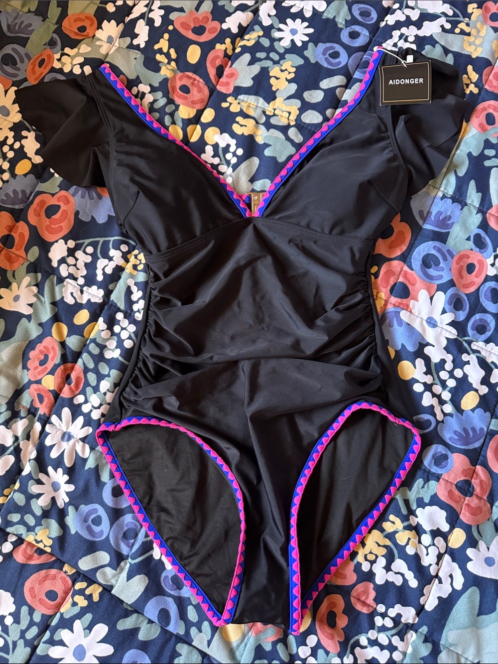 Aidonger Black One-Piece Swimsuit with Pink & Purple Trim Size S New with Tags